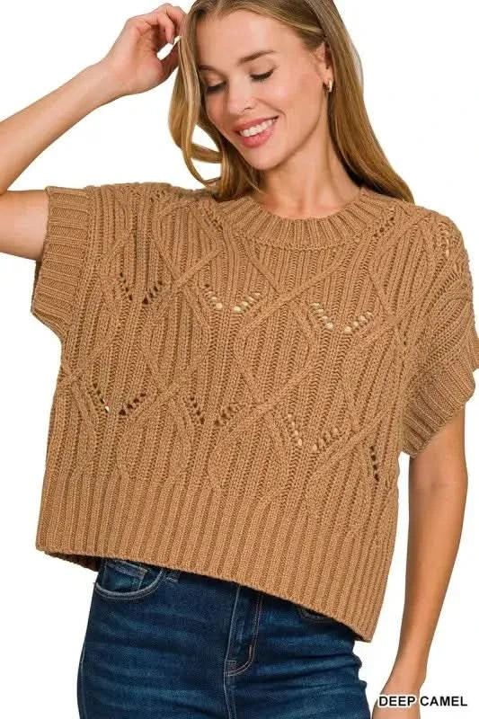 Zenana Cable Knit Short Sleeve Sweater - SwagglyLife Home & Fashion